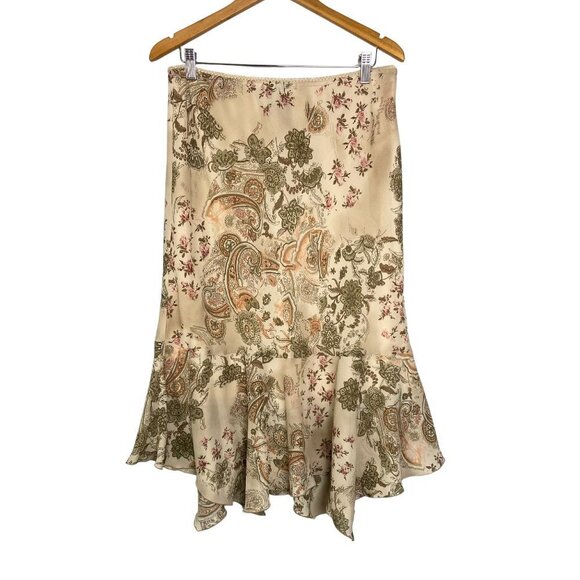 Vintage Dresses & Skirts - Vintage Y2K Paisley Flowy Boho Midi, Romantic Skirt with Ruffle Asymmetrical Hem